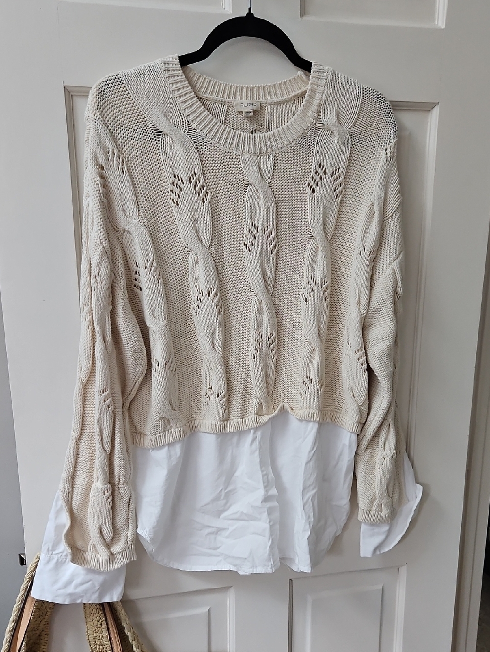 Pilcro Cream Cable-Knit Sweater with White Shirt Hem